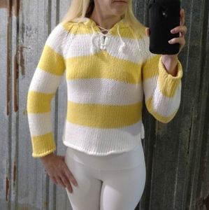 Yellow Striped Tie Neck Hooded Crochet Gap Sweater